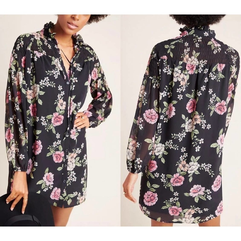 Yumi Kim Black Floral Mini Dress with Pink and Green Flowers